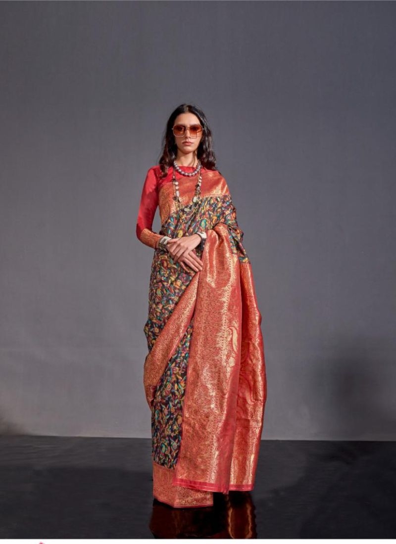 Exquisite Kashmiri style silk saree & blouse in orange