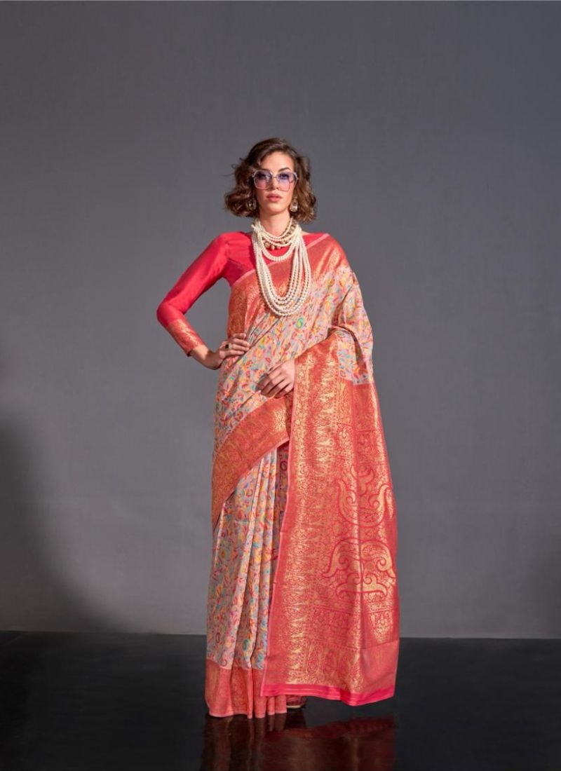 Exquisite Kashmiri style silk saree & blouse in baby pink