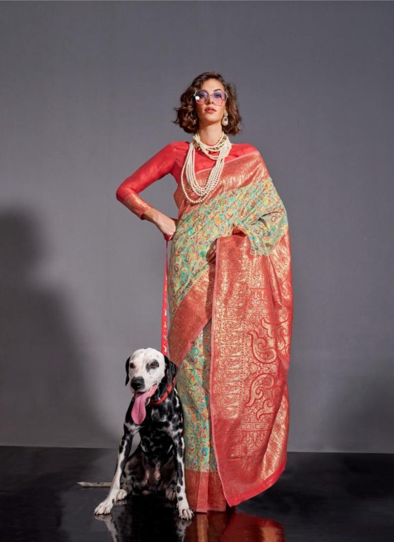 Exquisite Kashmiri style silk saree & blouse in light green