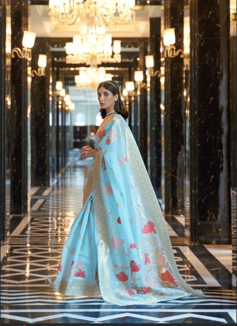 Beautiful festive linen saree with weaving pattern in blue