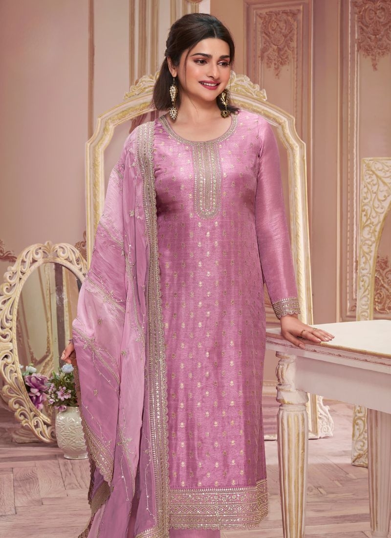 Designer organza pantsuit with silk dupatta in light purple