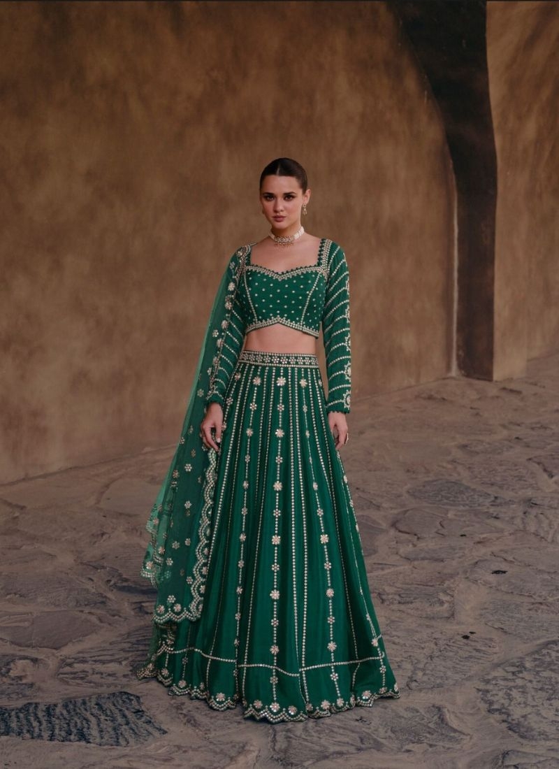 Gorgeous embroidered georgette lehenga choli in dark green