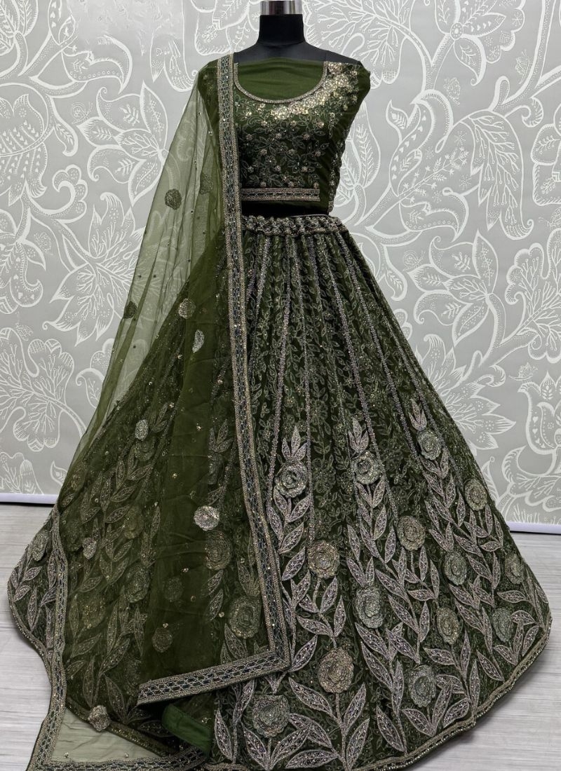 Heavy embroidered bridal lehenga in net with designer net dupatta  in mehandi green