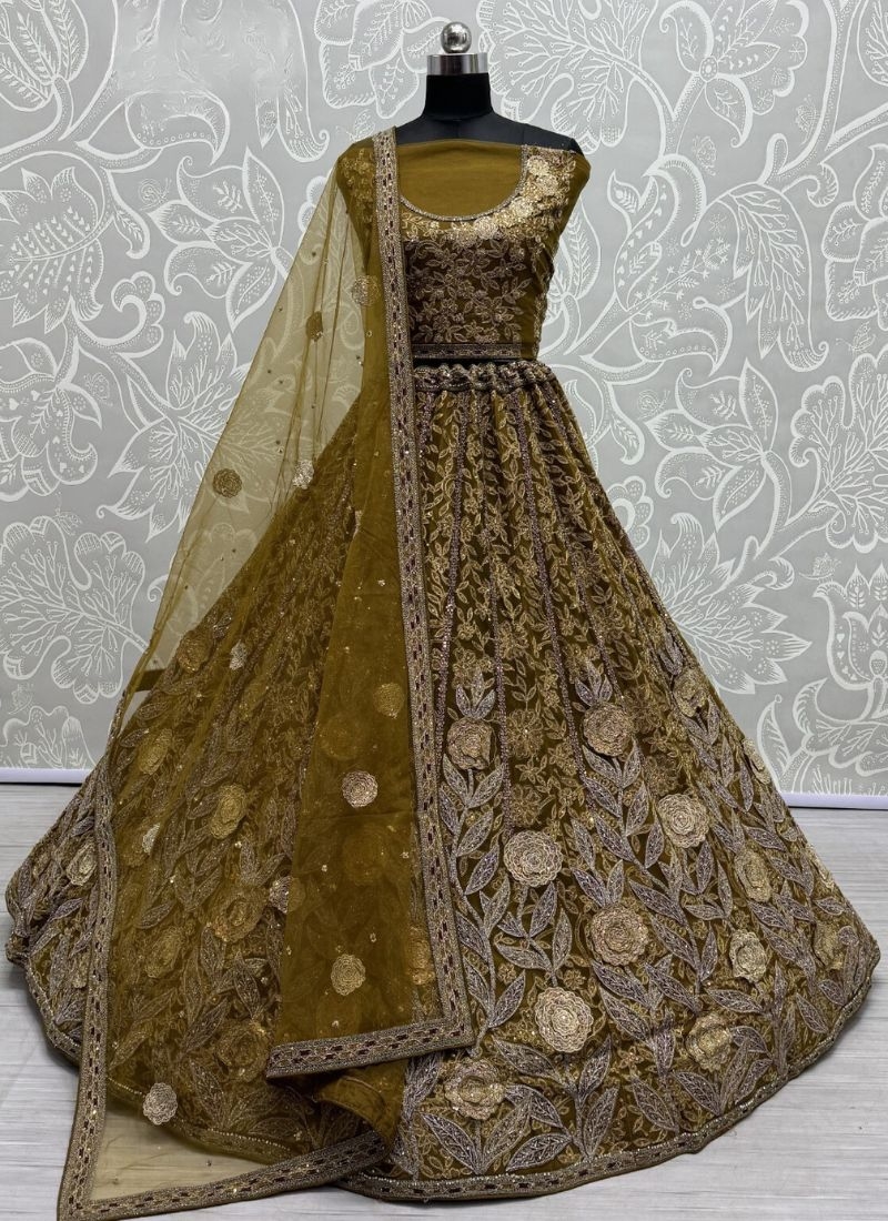 Heavy embroidered bridal lehenga in net with designer net dupatta  in mustard