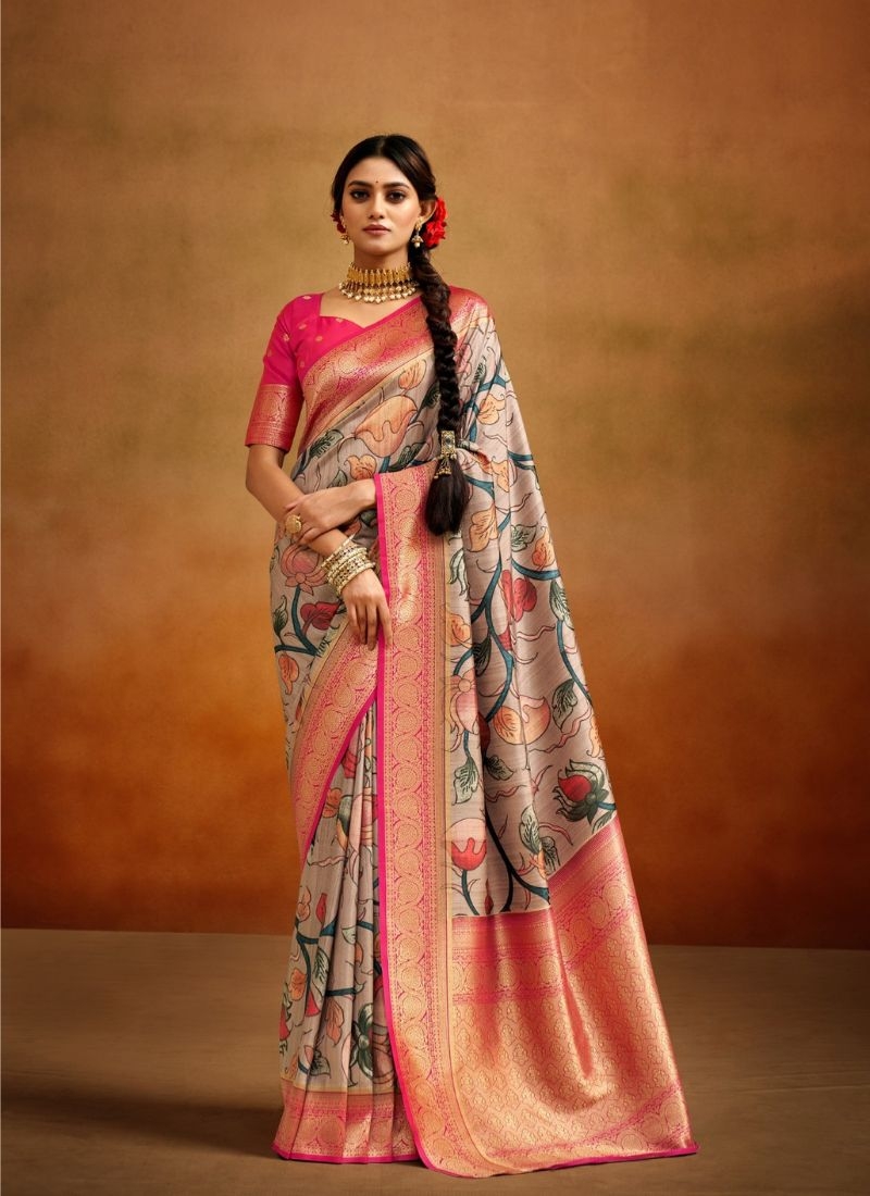 Latest soft handloom silk saree with floral printing in baby pink