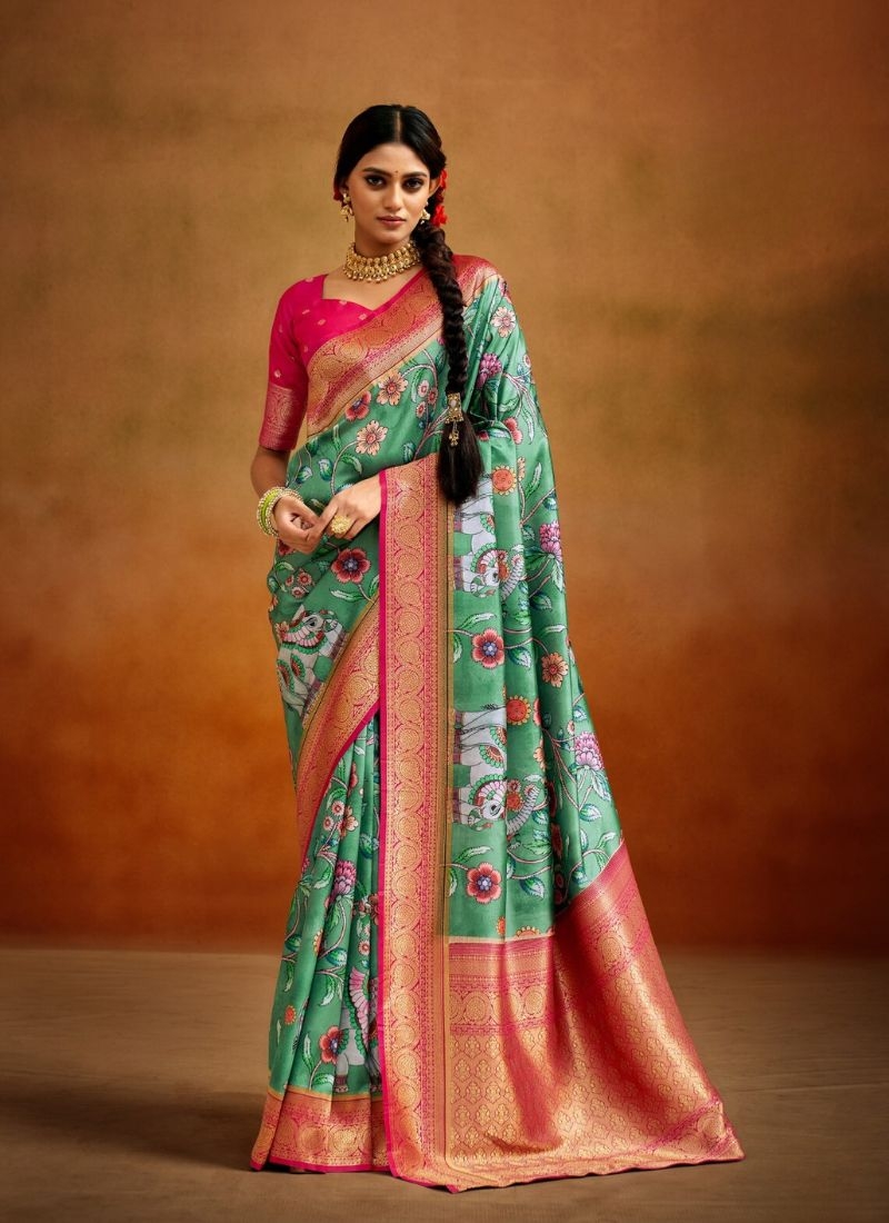 Latest soft handloom silk saree with floral printing in dark green