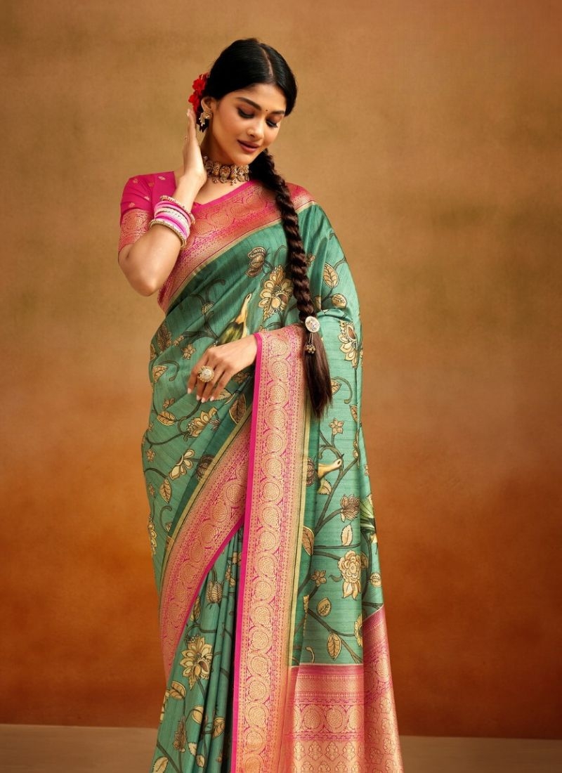 Latest soft handloom silk saree with floral printing in green