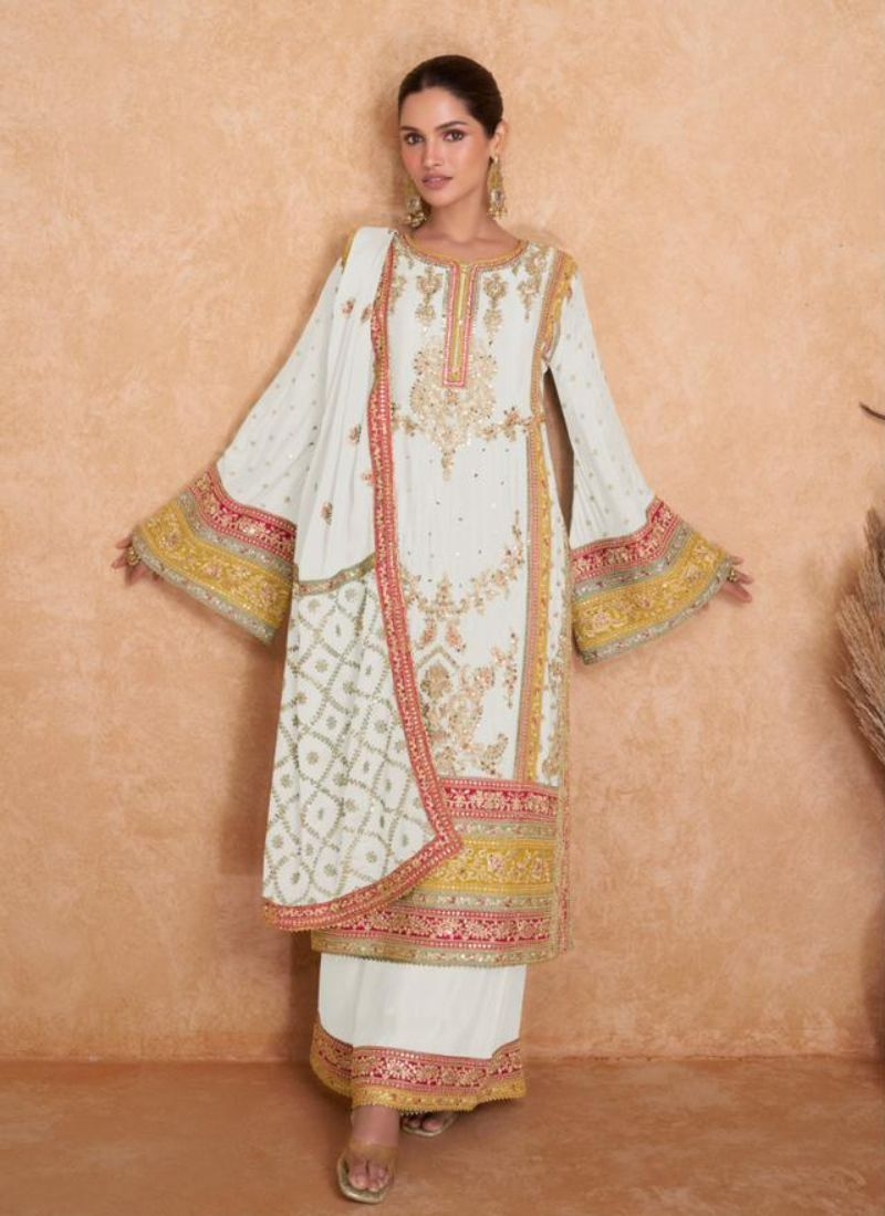 Premium Chinon embroidered palazzo suit in white