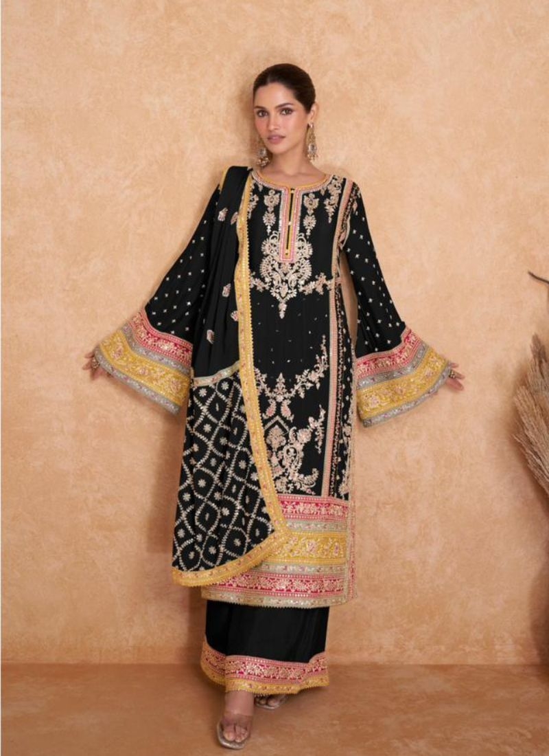 Premium Chinon embroidered palazzo suit in black