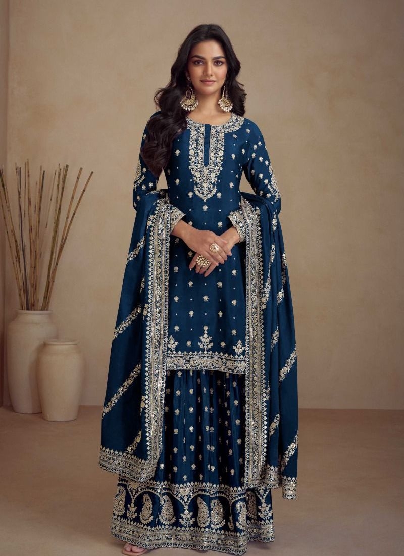 Hand embroidered palazzo suit & dupatta in navy blue