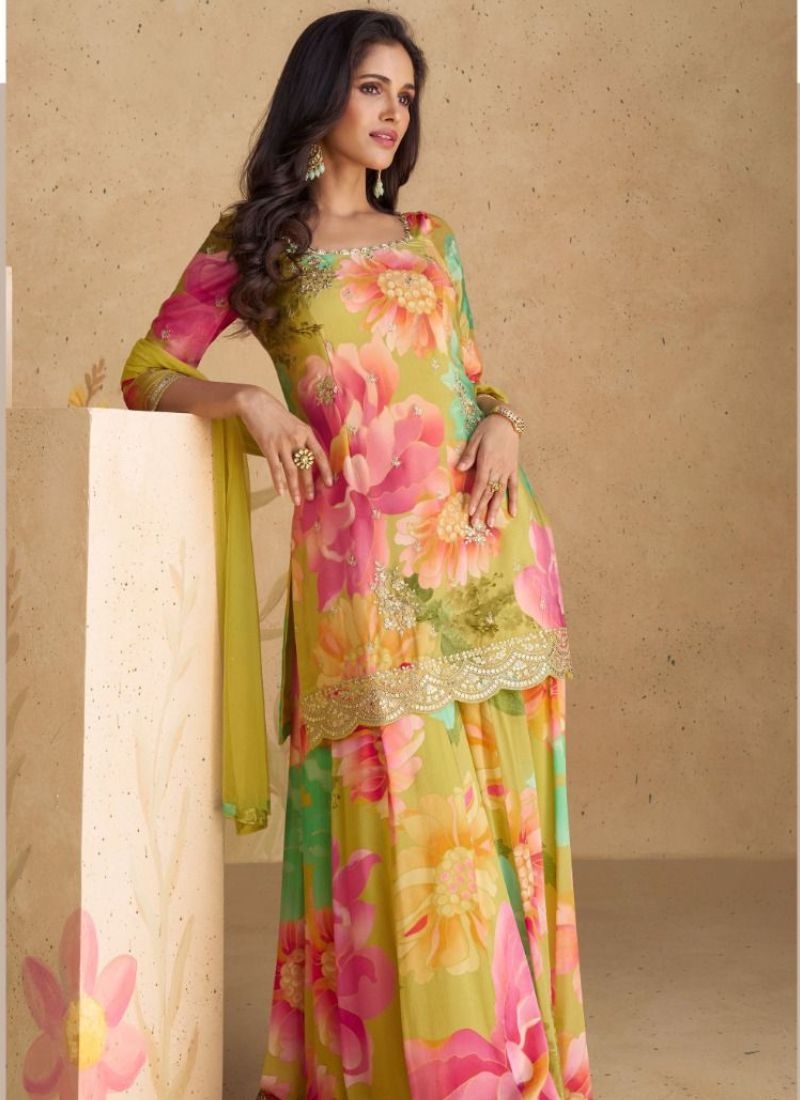 Digital printed Chinon sharara suit & dupatta in pink