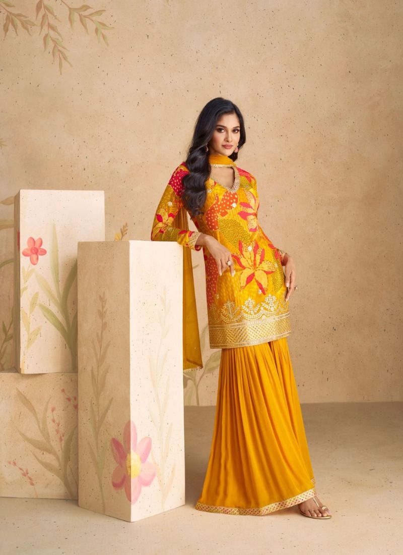 Digital printed Chinon sharara suit & dupatta in yellow