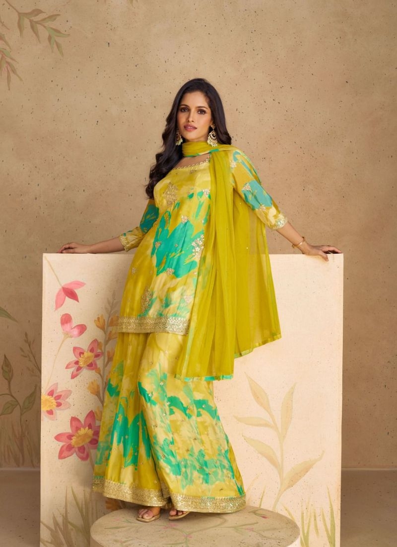 Digital printed Chinon sharara suit & dupatta in pastel yellow