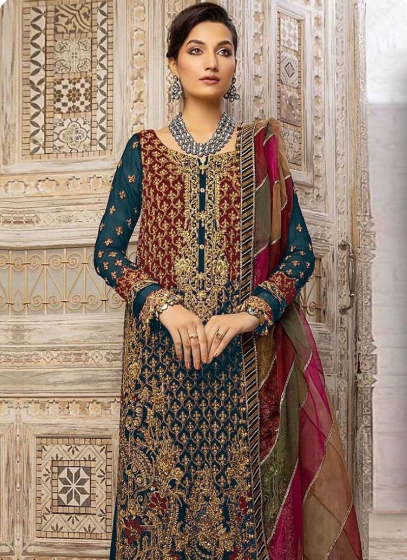 Beautiful embroidered georgette palazzo suit in dark blue