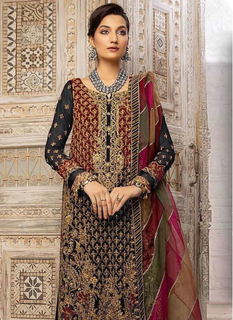 Beautiful embroidered georgette palazzo suit in black