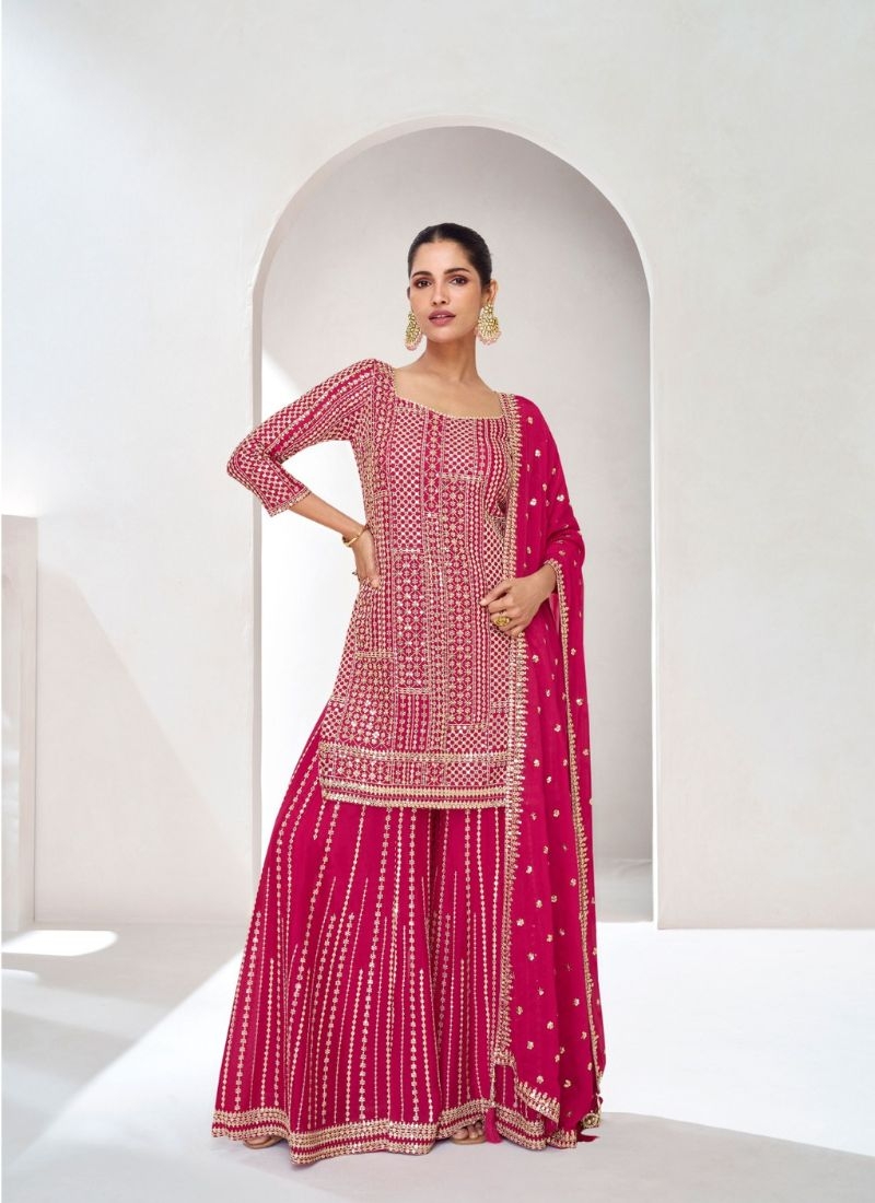 Trendy embroidered chinon palazzo suit in pink