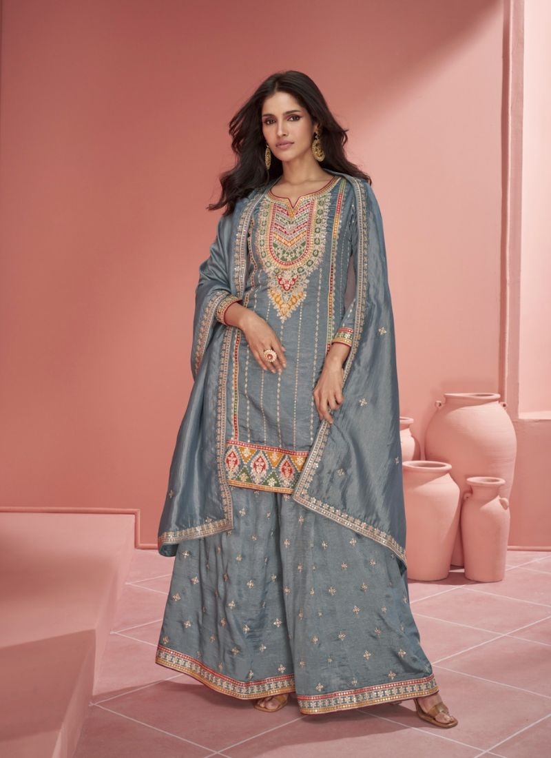 Stunning heavy embroidered wedding palazzo suit grey