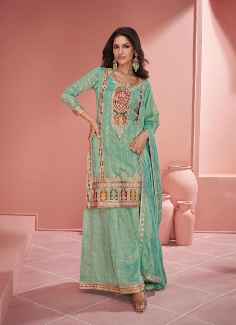 Stunning heavy embroidered wedding palazzo suit light green