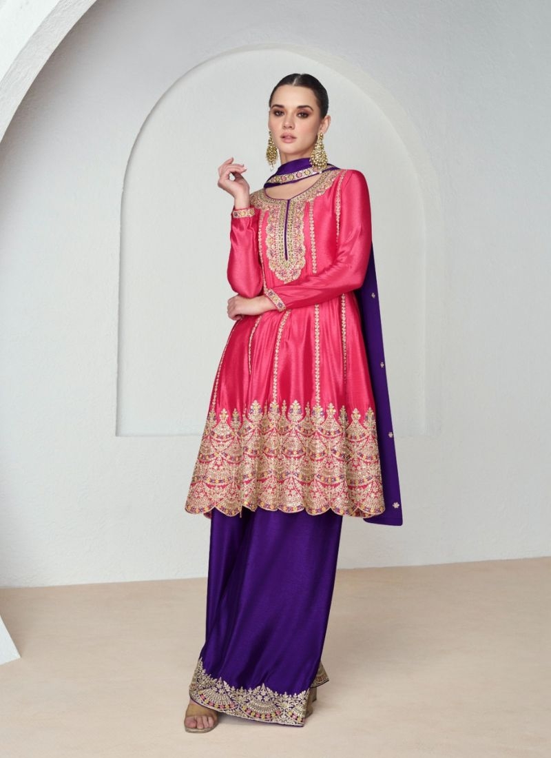 Exquisite embroidered silk straight palazzo suit in dark pink