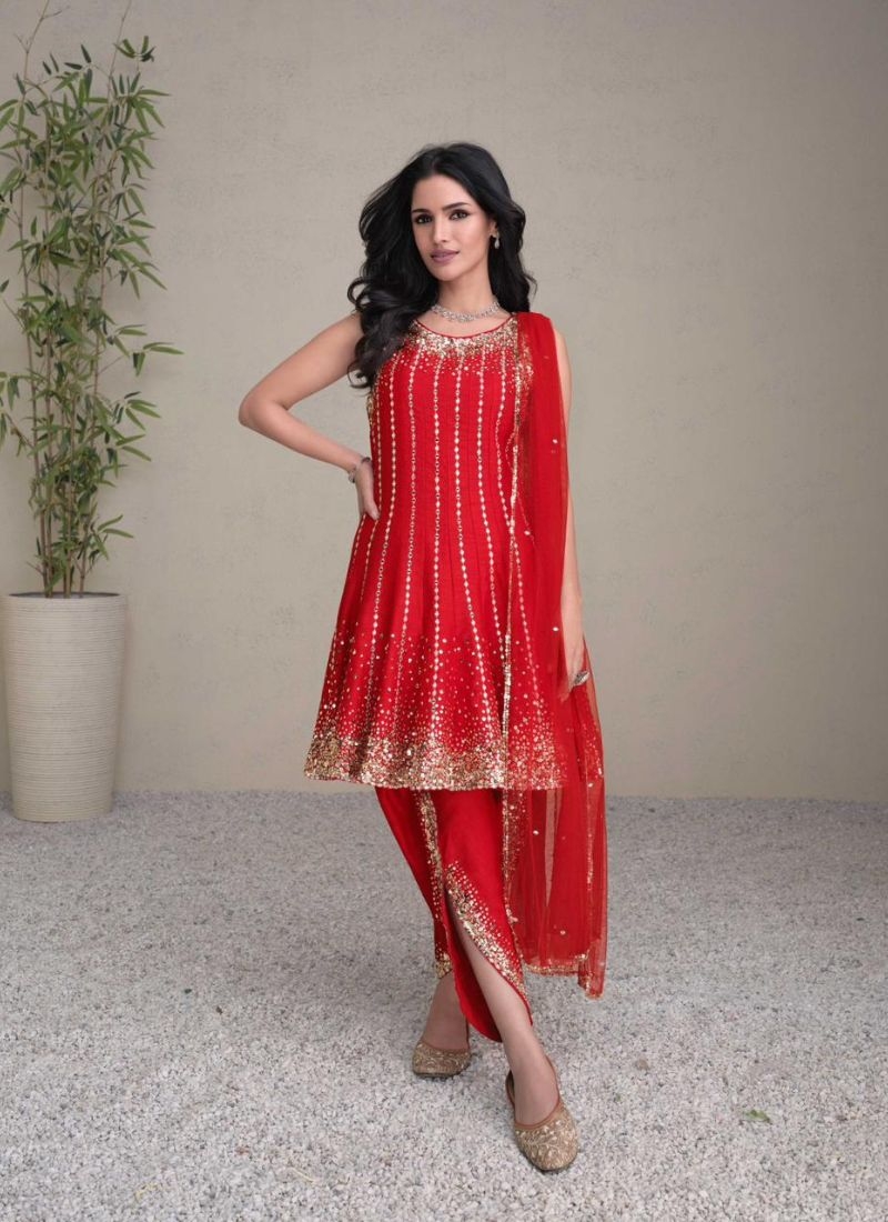 Beautiful pearl embroidered silk salwar suit in red