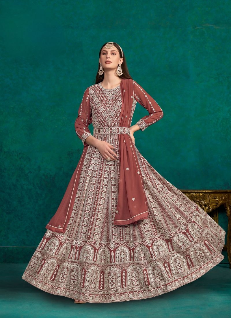 Designer embroidered faux georgette gown & dupatta in brown