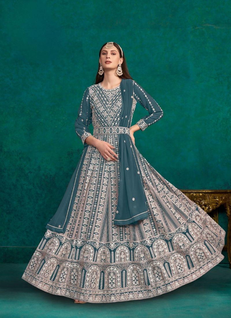 Designer embroidered faux georgette gown & dupatta in dark blue