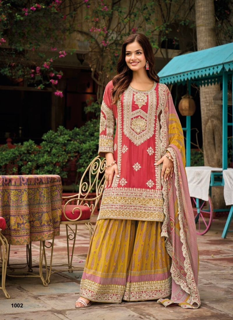 Embroidered chinon sharara suit with dupatta in red