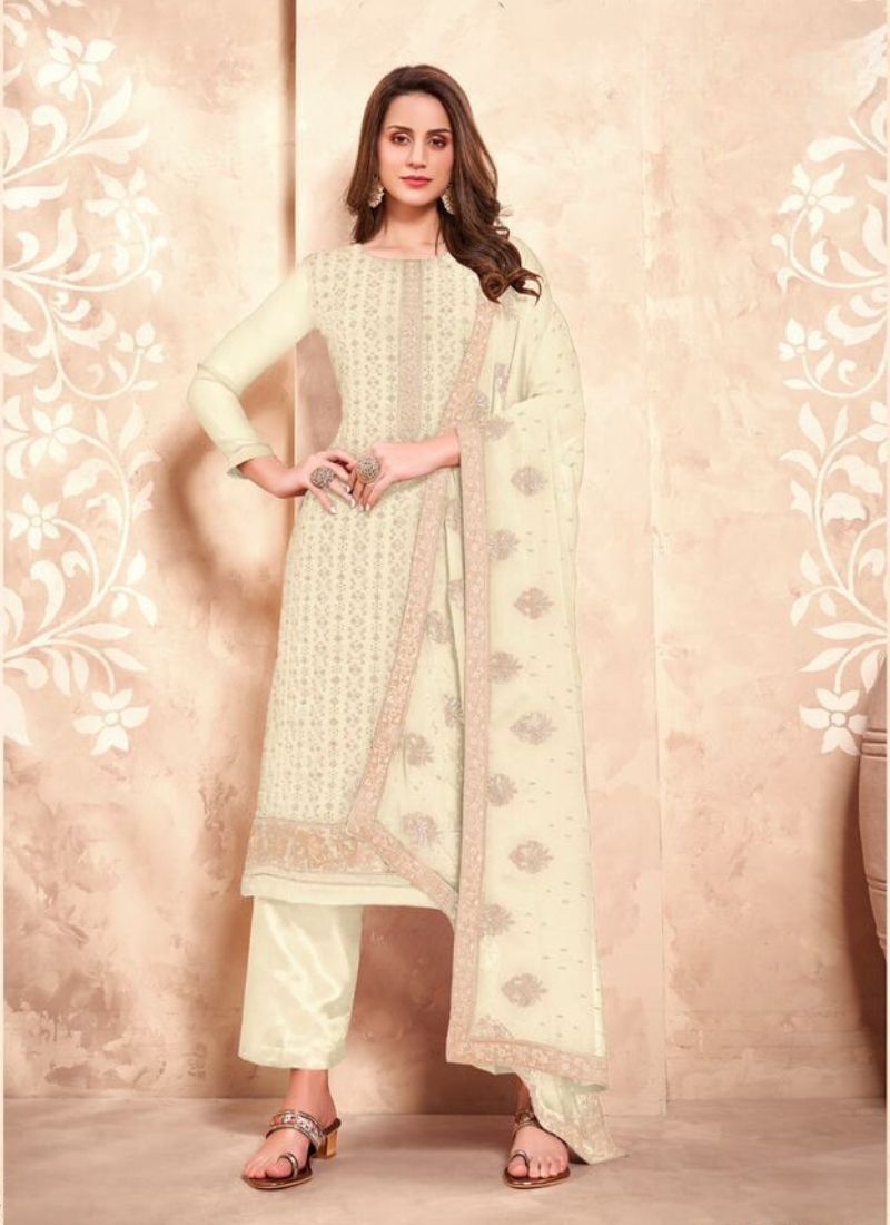 Beautiful embroidered georgette pant suit in cream