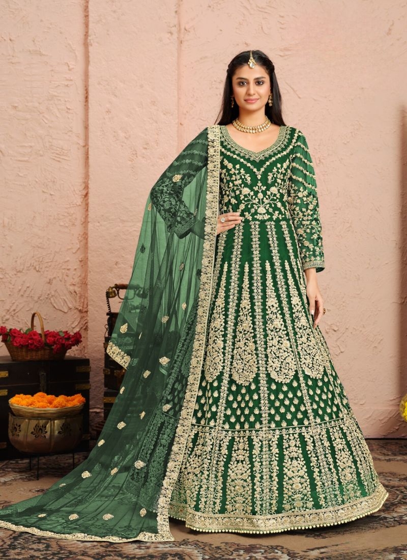 Gorgeous embroidered heavy net gown with dupatta in dark green