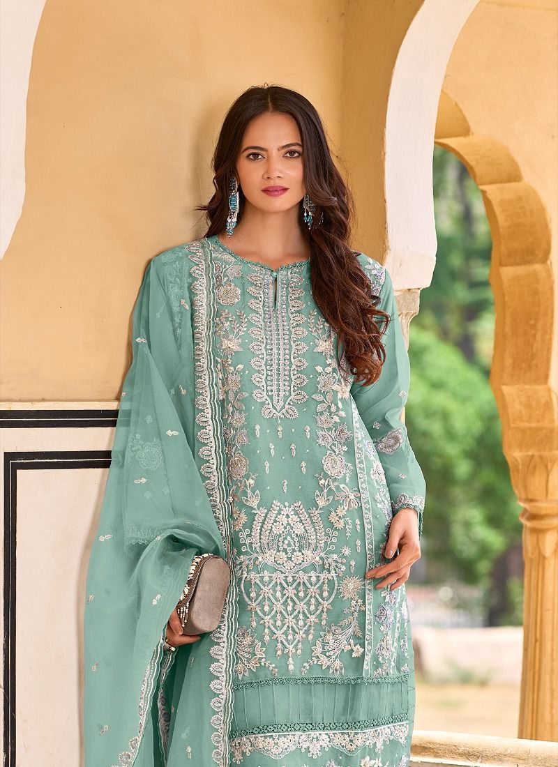 Stunning embroidered silk pantsuit & dupatta in light green