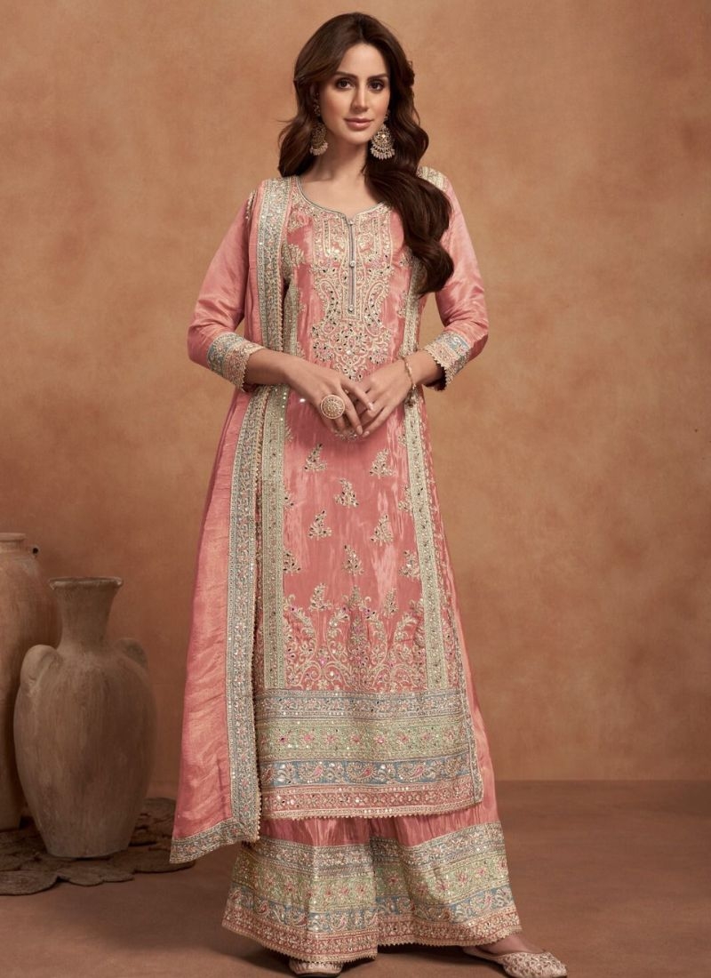 Beautifully embroidered silk palazzo suit in peach pink