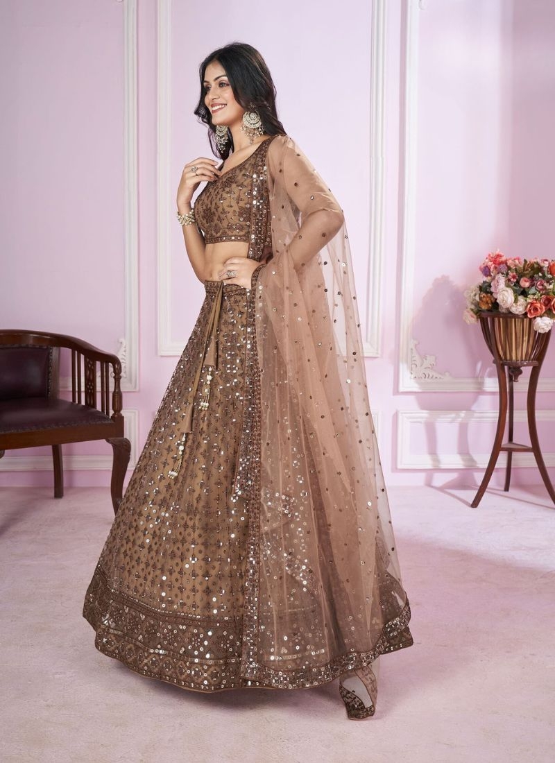 Exquisite embroidered georgette lehenga choli with net dupatta in brown