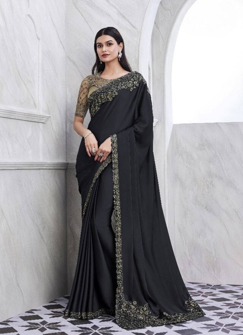 Exquisite embroidered silk saree in black