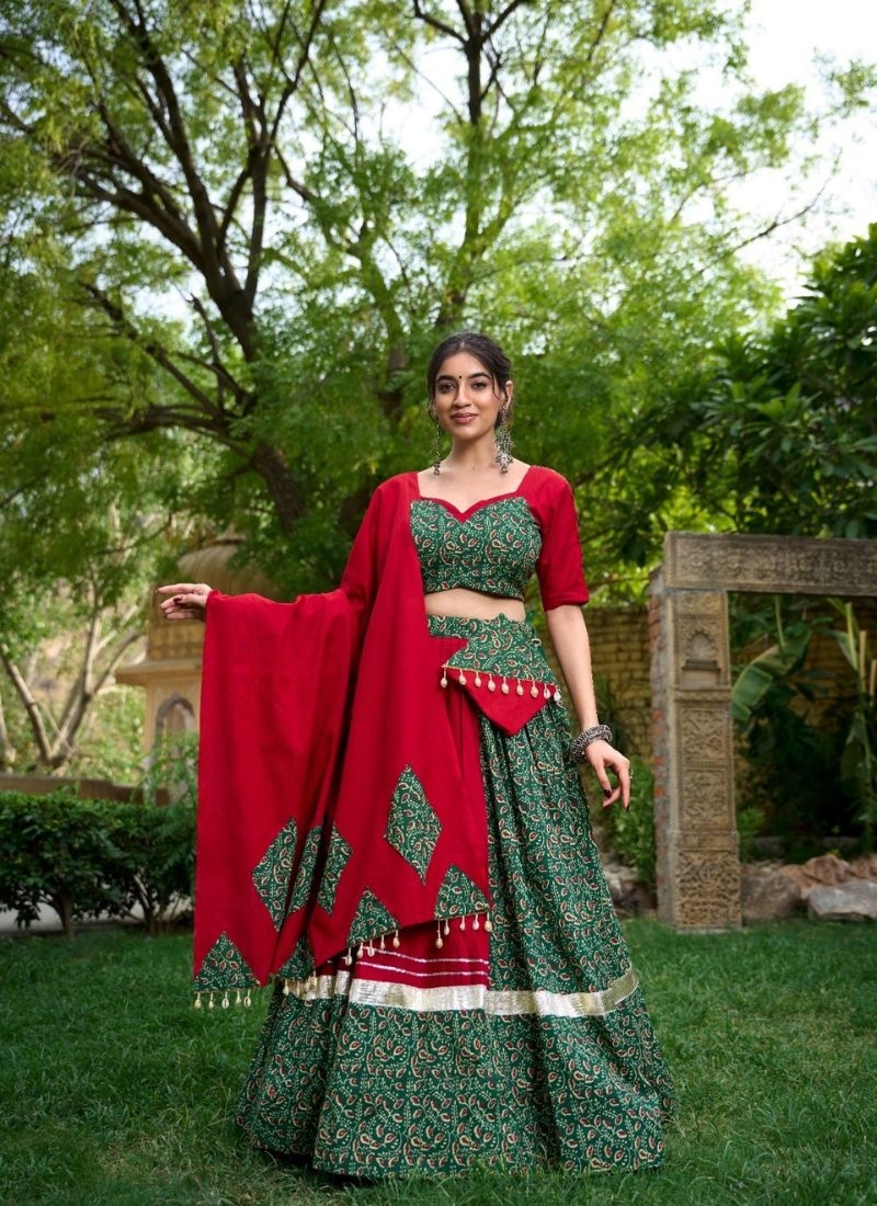 Designer digital embroidery pure cotton lehenga choli in dark green