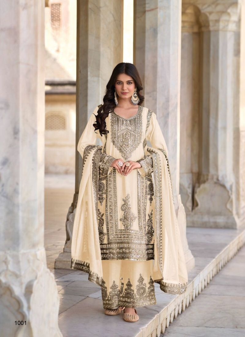 Beautiful digital embroidered Chinon palazzo suit in white