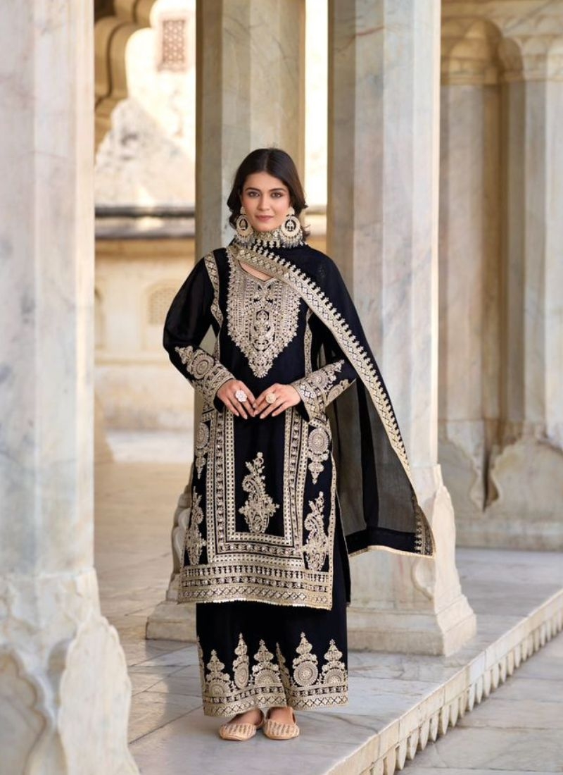 Beautiful digital embroidered Chinon palazzo suit in black