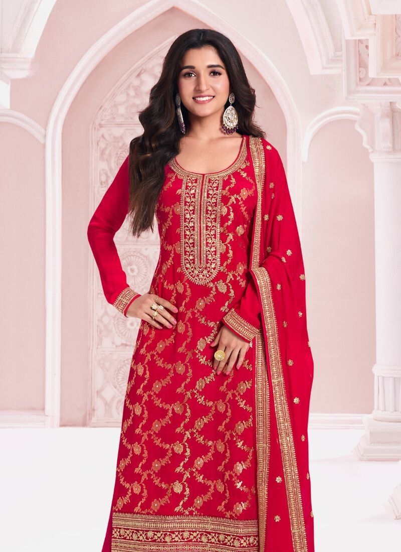 Designer embroidered Chinon pantsuit in red