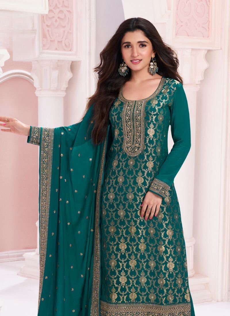 Designer embroidered Chinon pantsuit in dark green