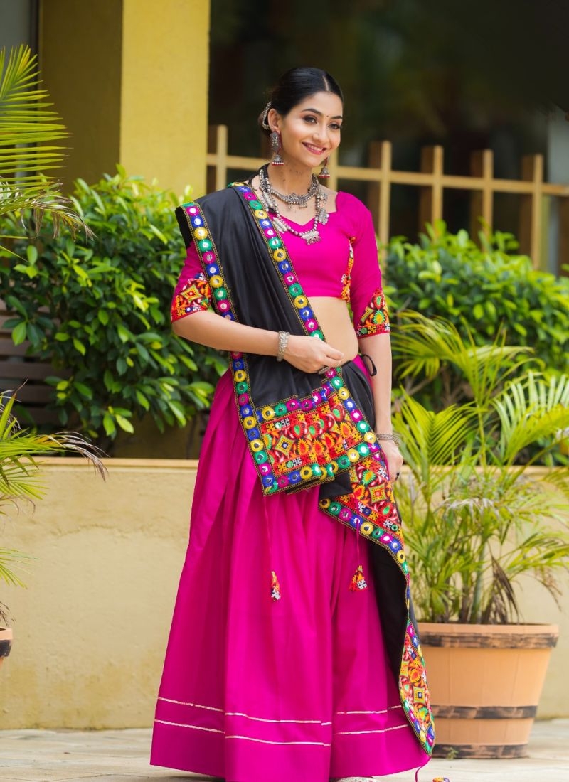 Beautifully embroidered cotton lehenga choli in pink