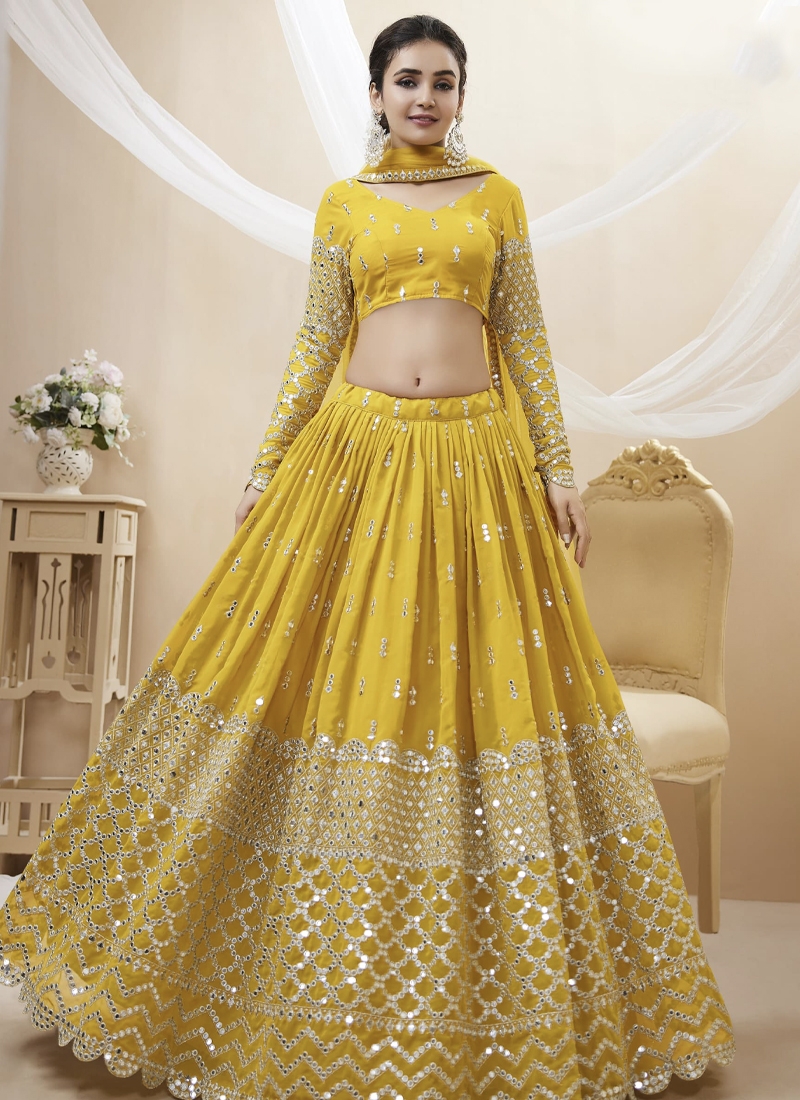 Reception Wear Georgette Fabric Embroidered Lehenga Choli in yellow