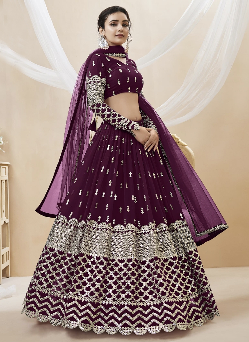 Reception Wear Georgette Fabric Embroidered Lehenga Choli in dark purple