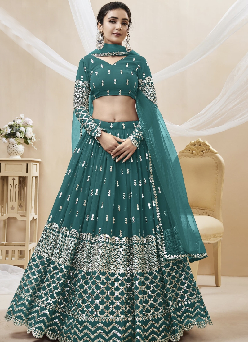 Reception Wear Georgette Fabric Embroidered Lehenga Choli in blue