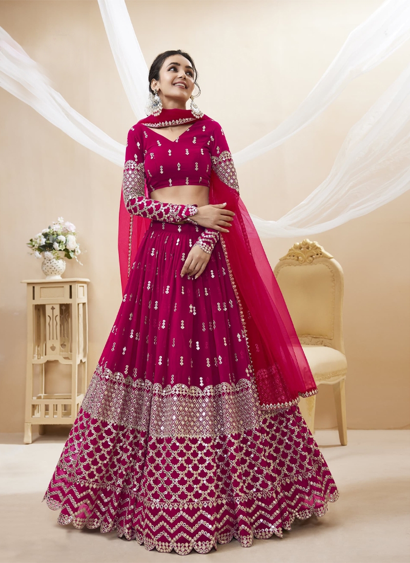 Reception Wear Georgette Fabric Embroidered Lehenga Choli in dark pink