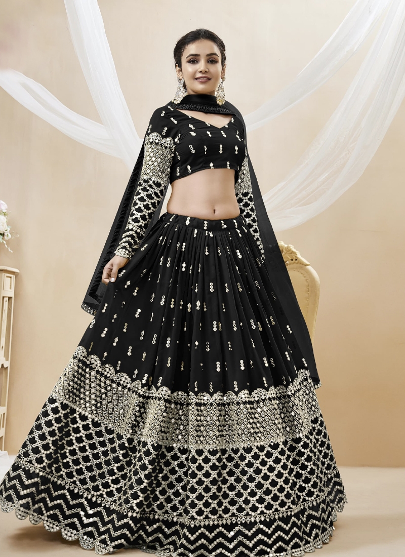 Reception Wear Georgette Fabric Embroidered Lehenga Choli in black