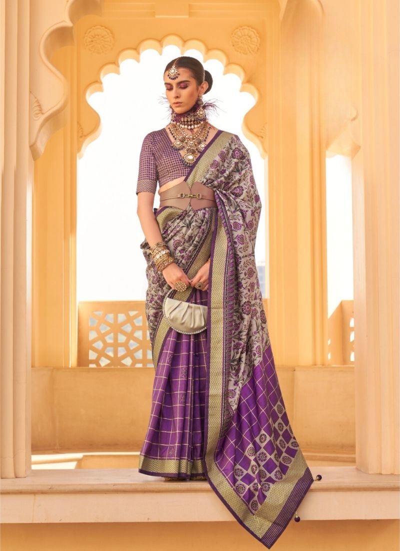 Designer printed silk saree in purple