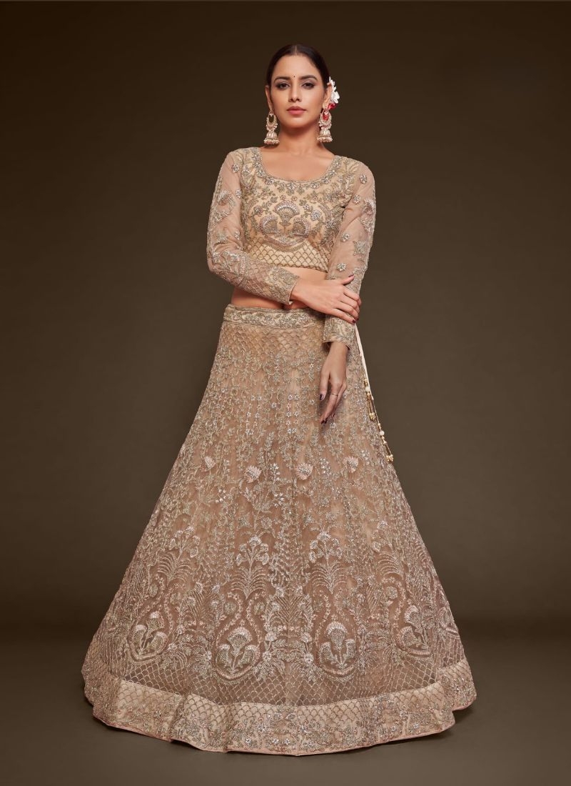 The gorgeous embroidered net lehenga choli in beige