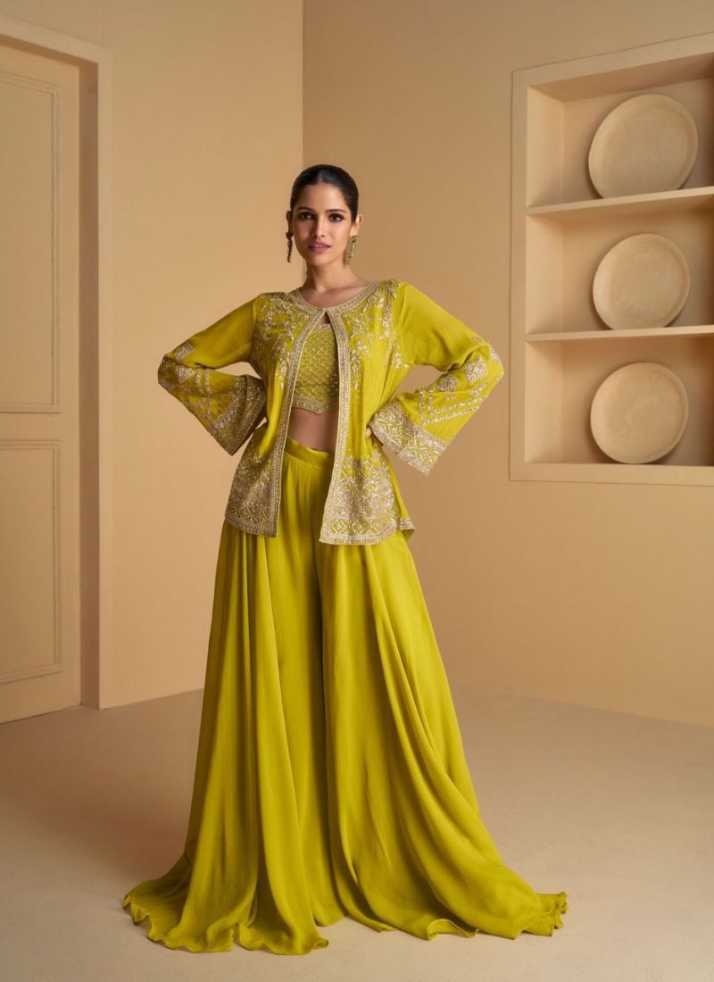 Beautiful embroidered georgette crop top set with jacket in yellow