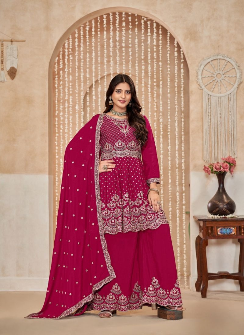 Designer mirror embroidered chinon sharara suit in dark pink