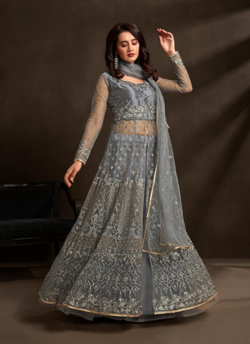 Zari embroidered designer net lehenga choli in grey