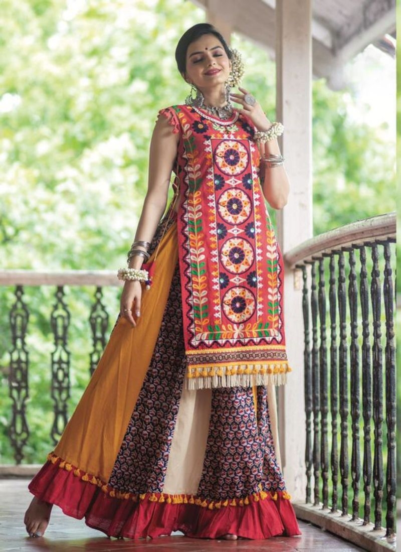 Navratri special embroidered sharara suit in red